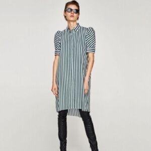 Zara Green and White Striped Shirt Tunic Style Dress